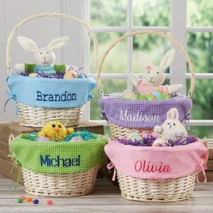 Personalization Universe Personalized Hand-Woven Willow Easter Basket with Folding Handle -First Easter, Egg Hunt, Vintage-Inspired Design, Embroidered with Any Name - Light Blue