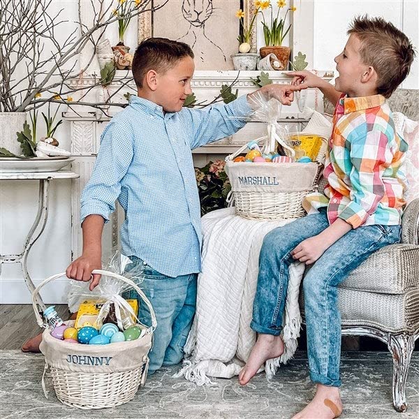 Personalization Universe Personalized Hand-Woven Willow Easter Basket with Folding Handle -First Easter, Egg Hunt, Vintage-Inspired Design, Embroidered with Any Name - Light Blue