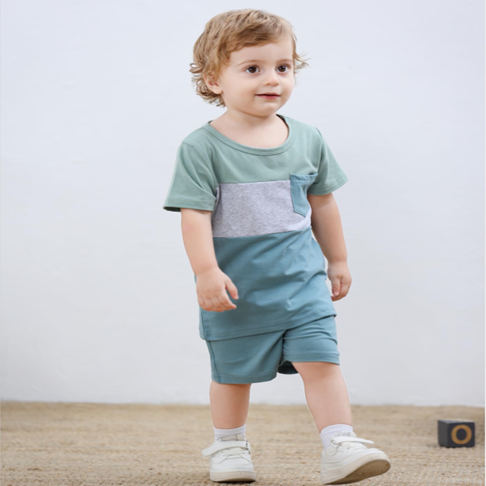 Toddler Boy Clothes 2T Baby Boys Summer Outfits Short Sleeve Patchwork Shirt & Shorts Set 2 Piece, Light Blue 2-3T/90cm