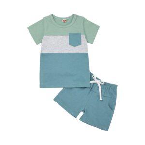 toddler boy clothes 2t baby boys summer outfits short sleeve patchwork shirt & shorts set 2 piece, light blue 2-3t/90cm