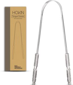 tongue scraper for adults by hokin (1pc oral care pack) stainless steel tongue cleaners reduce bad breath 100% metal tough scrapers men and women hygiene (1 count (pack of 1) u shaped, silver)