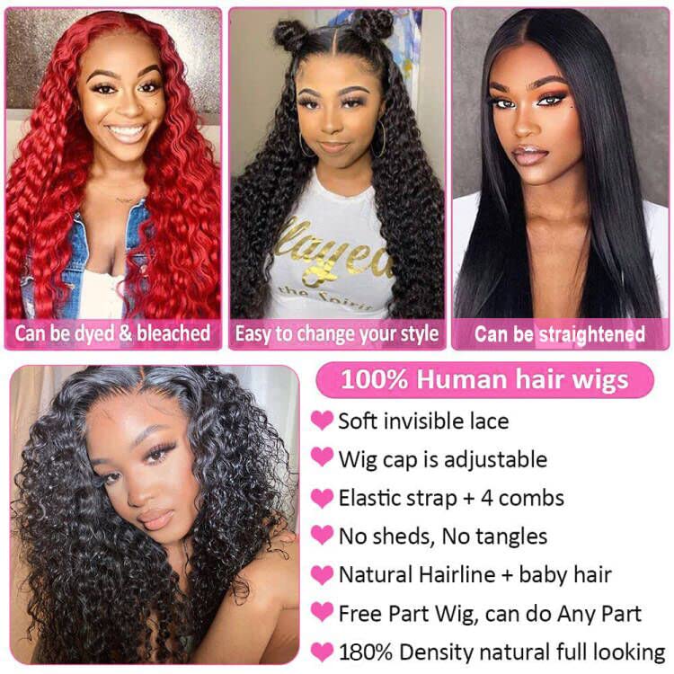 13x4 HD Transparent Lace Front Deep Wave 100% Human Hair Wig Deep Curly Lace Frontal Wigs 180% Density Unprosessed Water Wave Wigs Pre Plucked With Baby Hair Natural Color Hair for Black Women 22inch