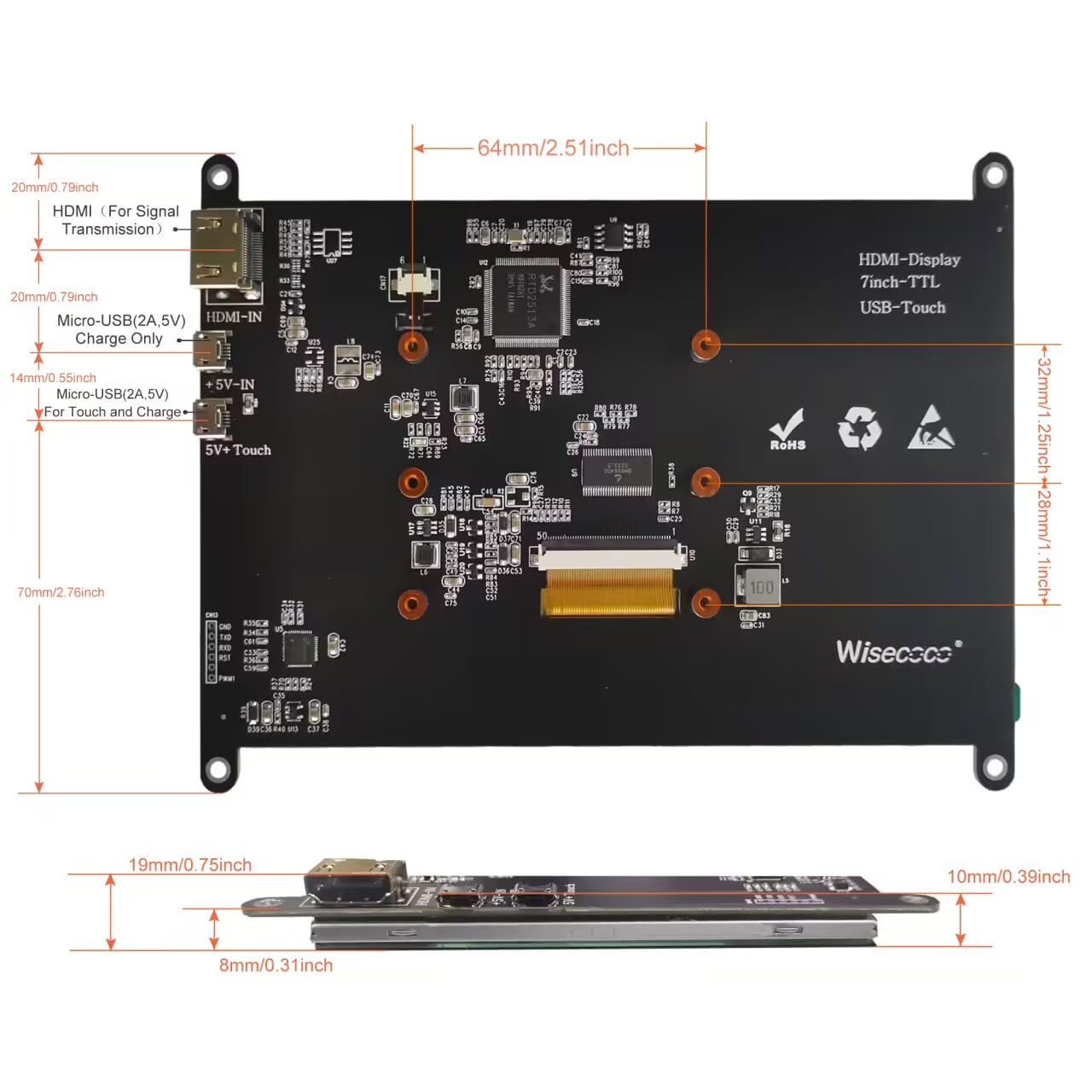 wisecoco 7 Inch Touchscreen Monitor for Raspberry Pi HDMI IPS 1024 x 600 Mini LCD Display for RPI Pi 5/4B/3B 2 Zero B B+ Windows Driver-Free