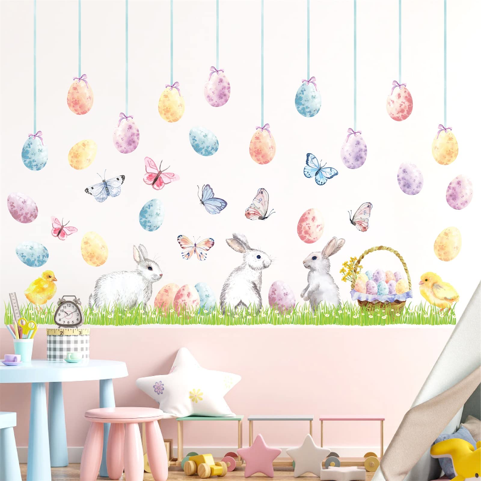 Happy Easter Wall Stickers Easter Egg Wall Decals Easter Bunny Wall Decals Peel and Stick Rabbit Wall Stickers Bunnies Colorful Butterfly Wall Stickers Removable Easter Window Stickers Decorations