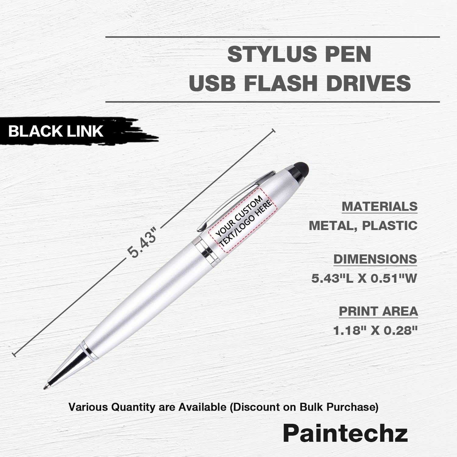 Paintechz Custom Pen USB Flash Drives 500 Pack Bulk, Personalized Logo or Text - as Corporate Gifts and Promotional Giveaways - 2GB