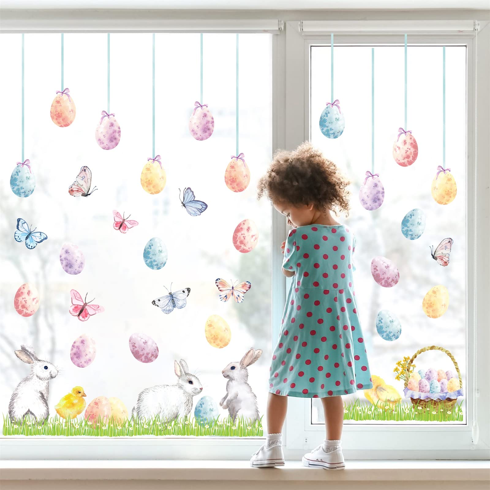 Happy Easter Wall Stickers Easter Egg Wall Decals Easter Bunny Wall Decals Peel and Stick Rabbit Wall Stickers Bunnies Colorful Butterfly Wall Stickers Removable Easter Window Stickers Decorations