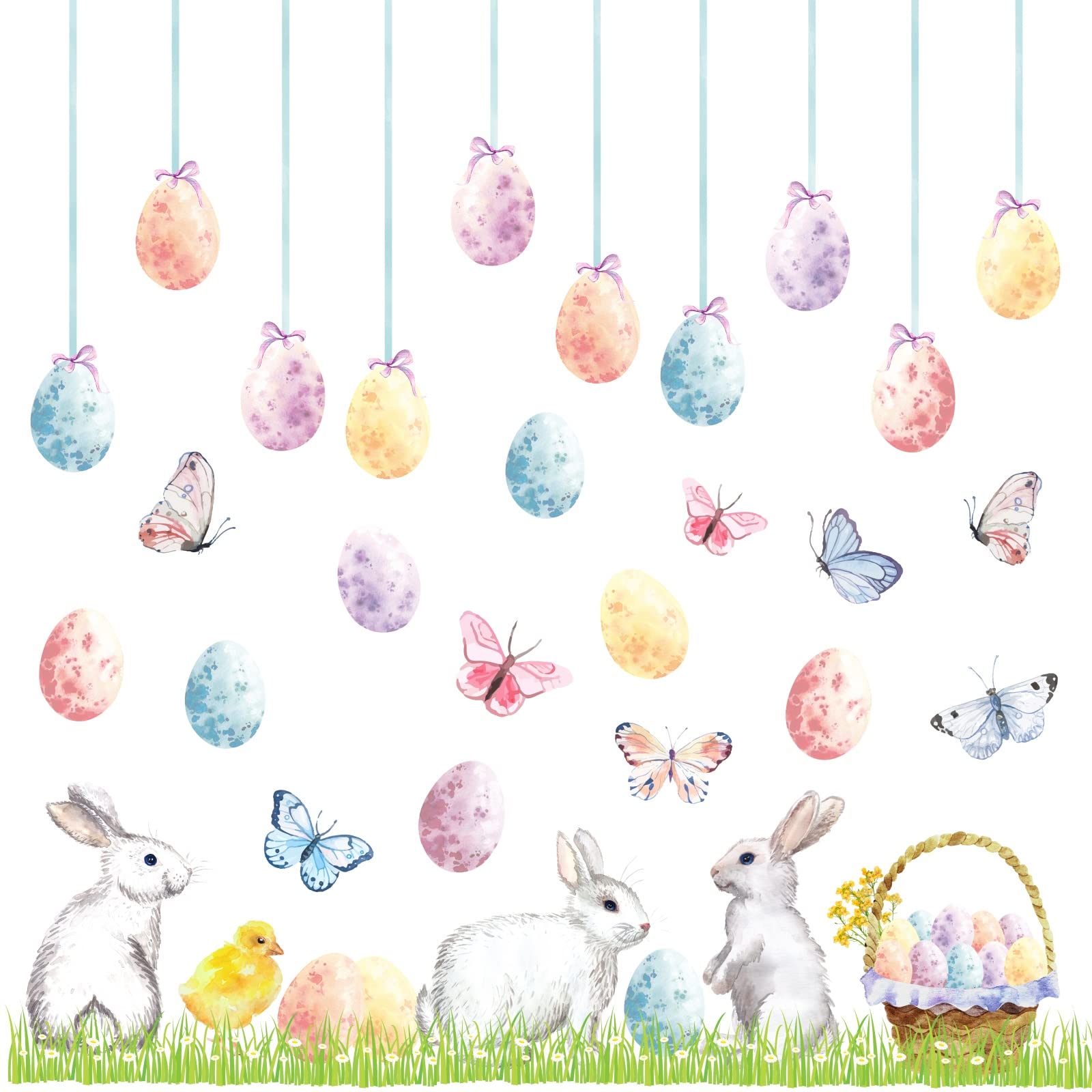 Happy Easter Wall Stickers Easter Egg Wall Decals Easter Bunny Wall Decals Peel and Stick Rabbit Wall Stickers Bunnies Colorful Butterfly Wall Stickers Removable Easter Window Stickers Decorations