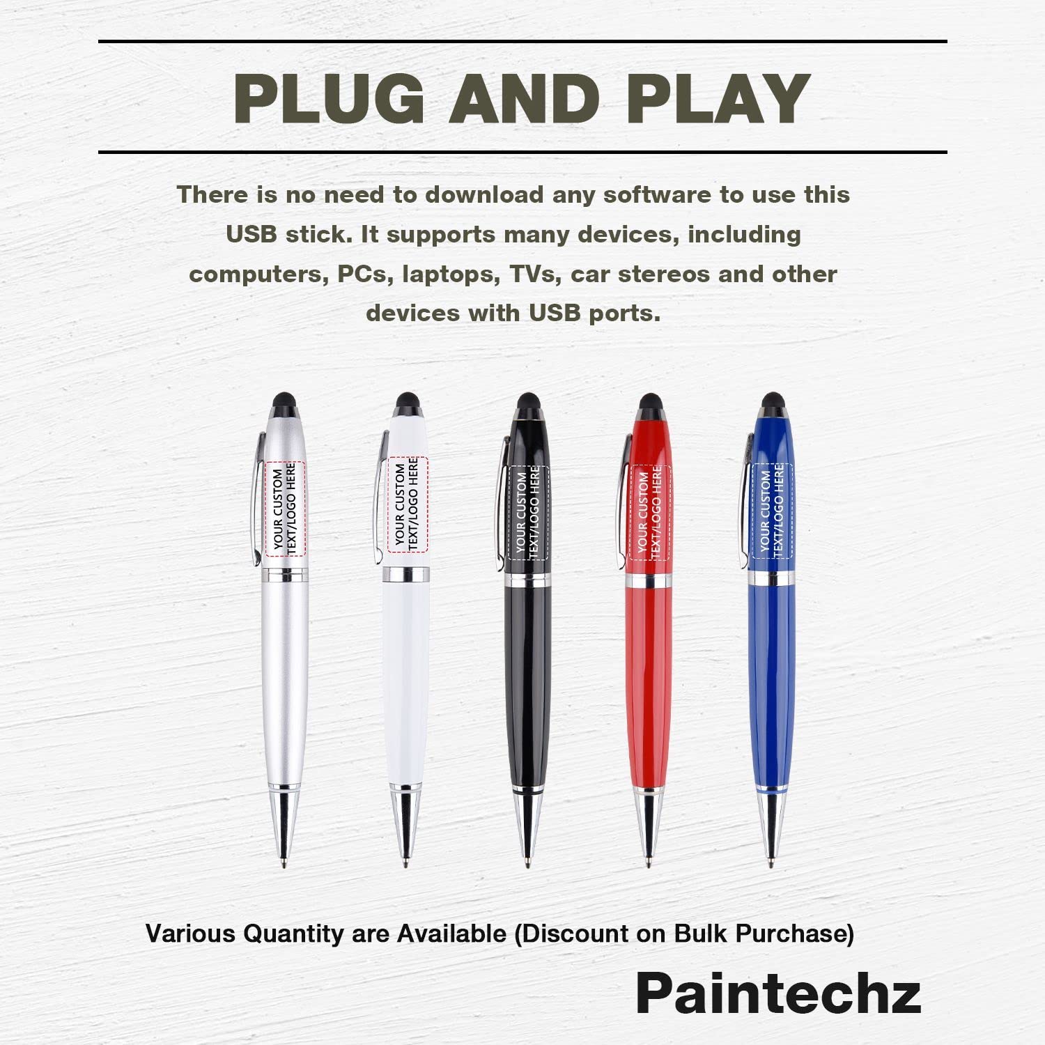 Paintechz Custom Pen USB Flash Drives 500 Pack Bulk, Personalized Logo or Text - as Corporate Gifts and Promotional Giveaways - 2GB