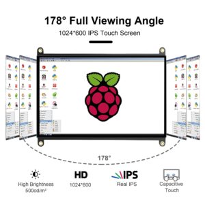 wisecoco 7 Inch Touchscreen Monitor for Raspberry Pi HDMI IPS 1024 x 600 Mini LCD Display for RPI Pi 5/4B/3B 2 Zero B B+ Windows Driver-Free