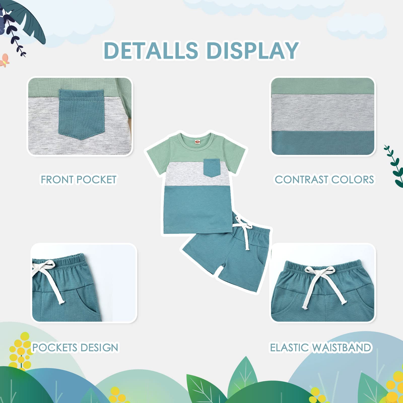 Toddler Boy Clothes 2T Baby Boys Summer Outfits Short Sleeve Patchwork Shirt & Shorts Set 2 Piece, Light Blue 2-3T/90cm