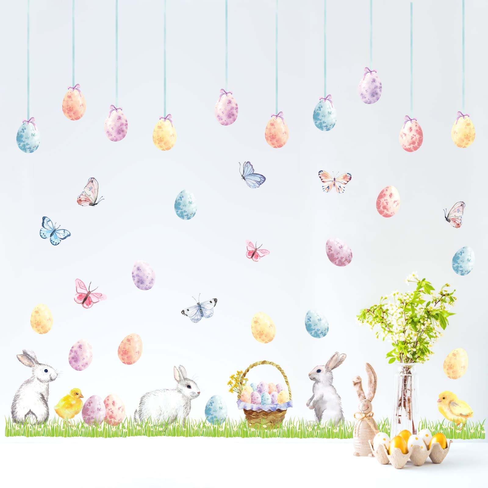 Happy Easter Wall Stickers Easter Egg Wall Decals Easter Bunny Wall Decals Peel and Stick Rabbit Wall Stickers Bunnies Colorful Butterfly Wall Stickers Removable Easter Window Stickers Decorations