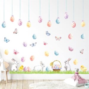 Happy Easter Wall Stickers Easter Egg Wall Decals Easter Bunny Wall Decals Peel and Stick Rabbit Wall Stickers Bunnies Colorful Butterfly Wall Stickers Removable Easter Window Stickers Decorations