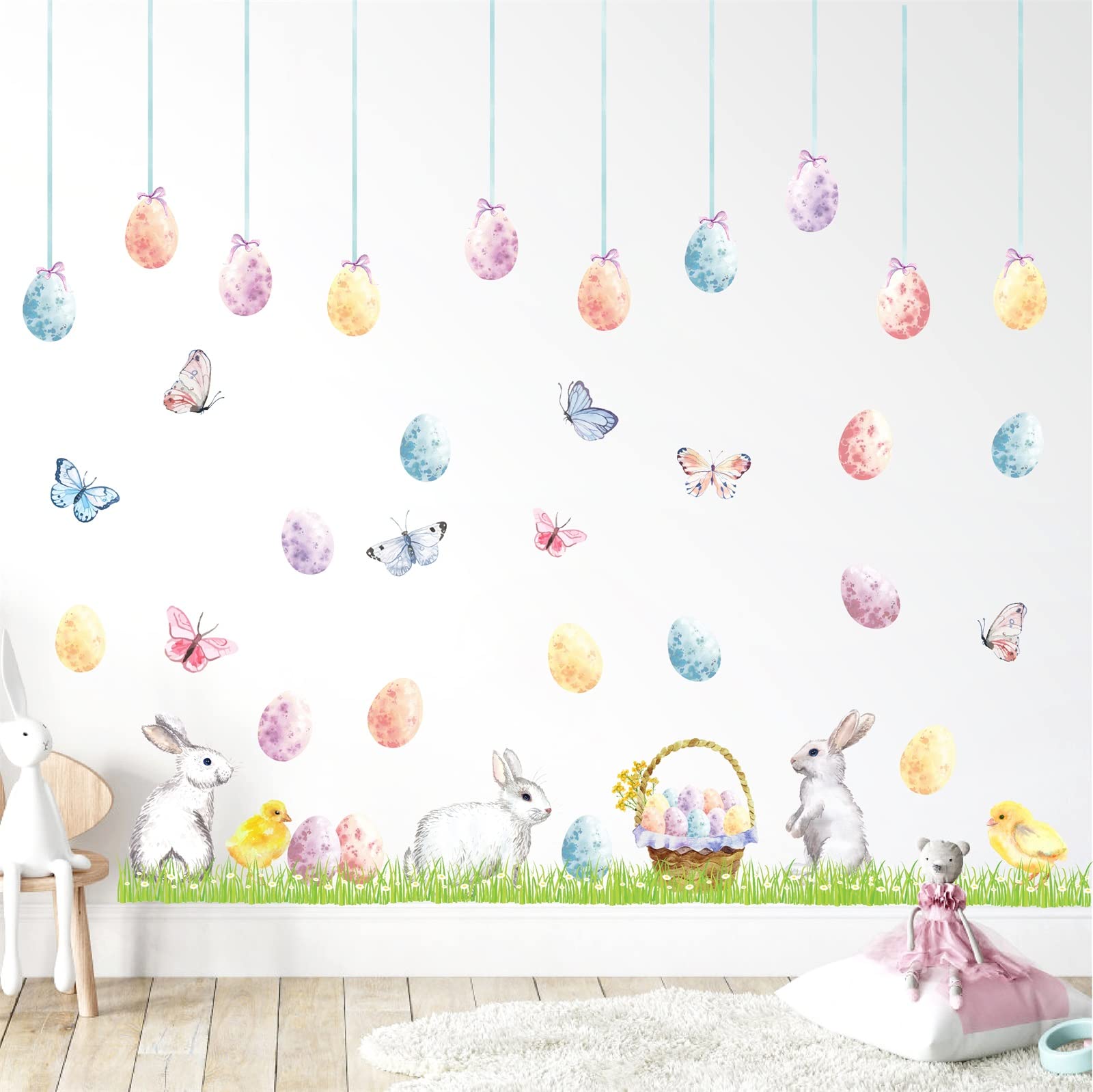 Happy Easter Wall Stickers Easter Egg Wall Decals Easter Bunny Wall Decals Peel and Stick Rabbit Wall Stickers Bunnies Colorful Butterfly Wall Stickers Removable Easter Window Stickers Decorations