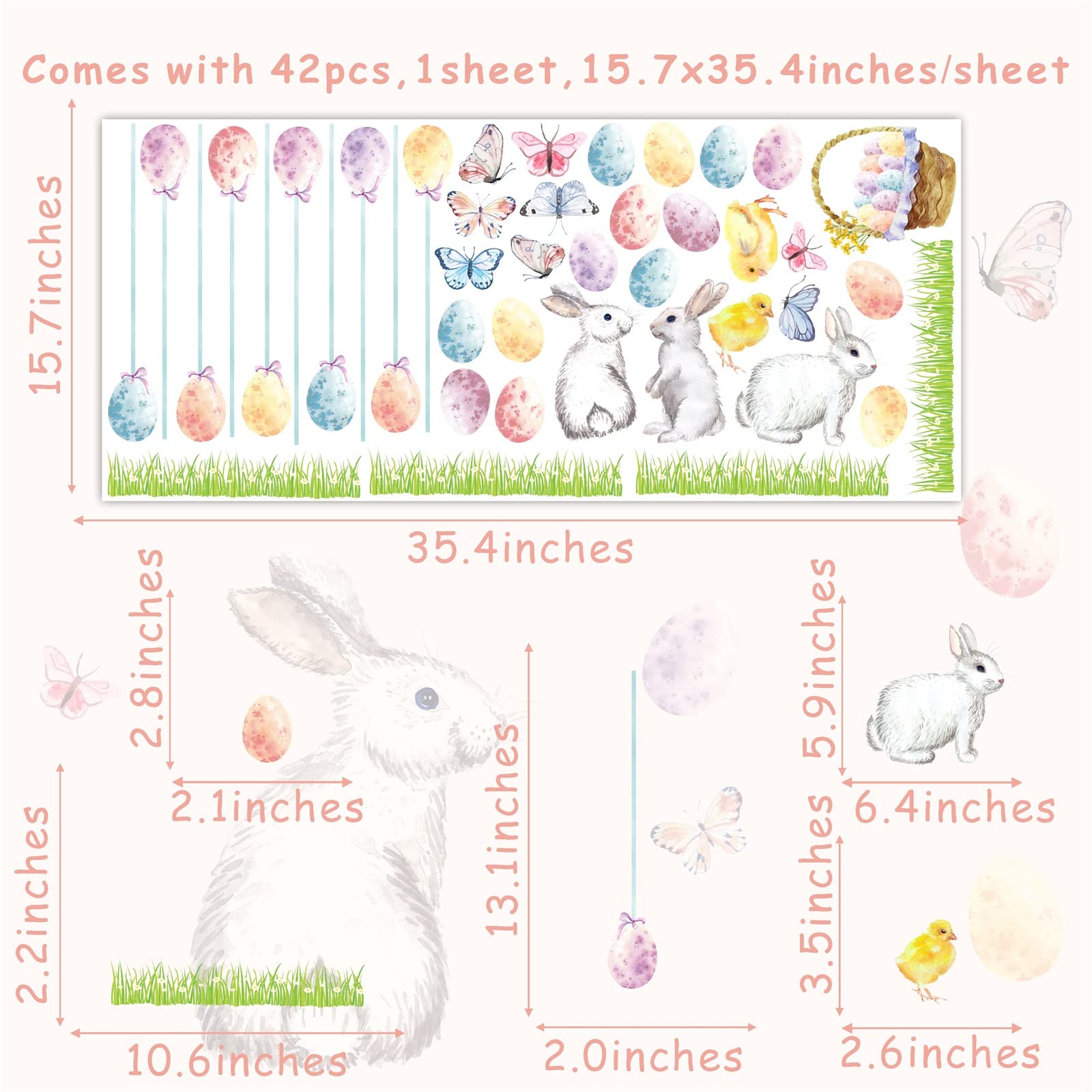 Happy Easter Wall Stickers Easter Egg Wall Decals Easter Bunny Wall Decals Peel and Stick Rabbit Wall Stickers Bunnies Colorful Butterfly Wall Stickers Removable Easter Window Stickers Decorations