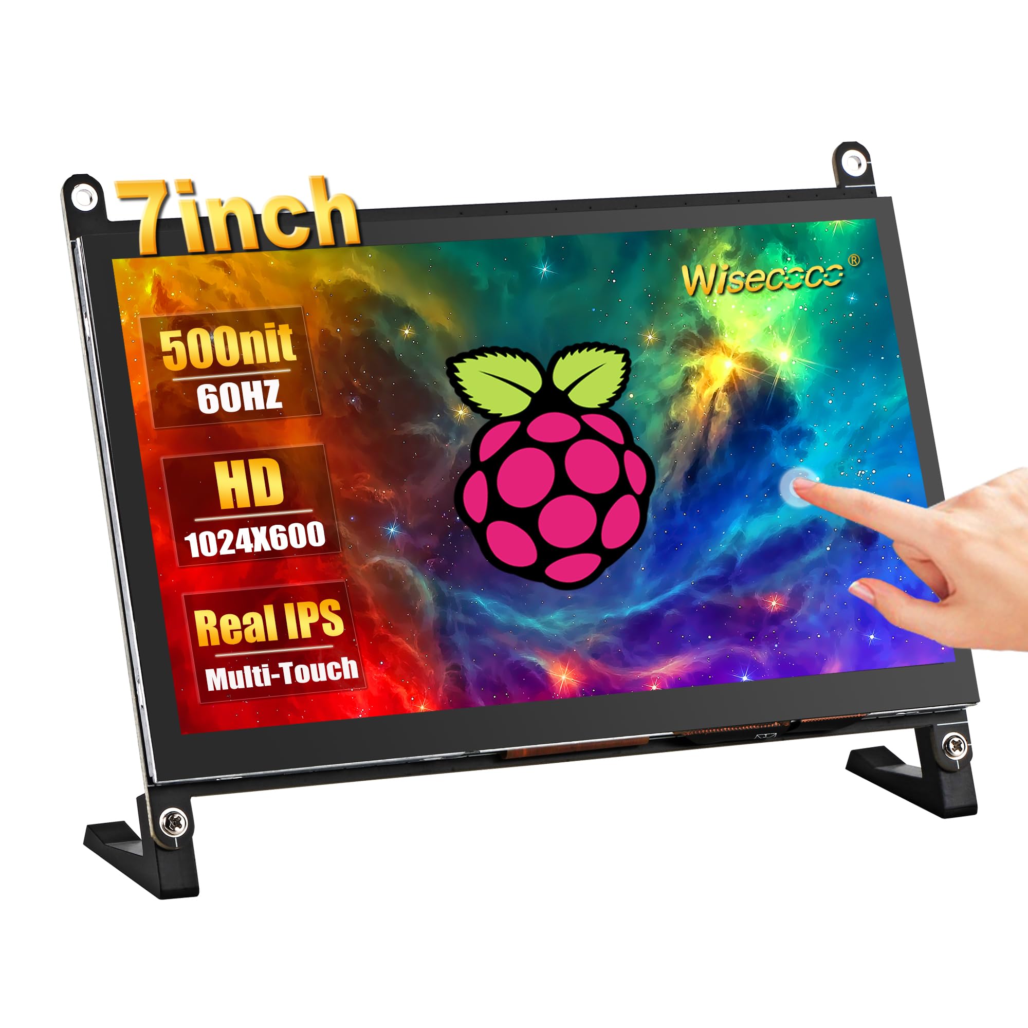 wisecoco 7 Inch Touchscreen Monitor for Raspberry Pi HDMI IPS 1024 x 600 Mini LCD Display for RPI Pi 5/4B/3B 2 Zero B B+ Windows Driver-Free