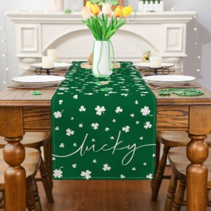 Siilues St Patricks Day Table Runner, Lucky Shamrock St. Patricks Day Decoraions Green Seasonal Spring Holiday Table Decorations for Indoor Outdoor Dining Table Decor (Green, 13'' x 72'')