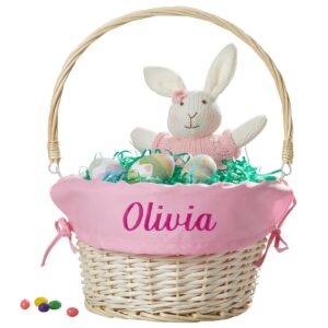 personalization universe personalized hand-woven willow easter basket with folding handle - first easter, egg hunt, vintage-inspired design, embroidered with any name - light pink