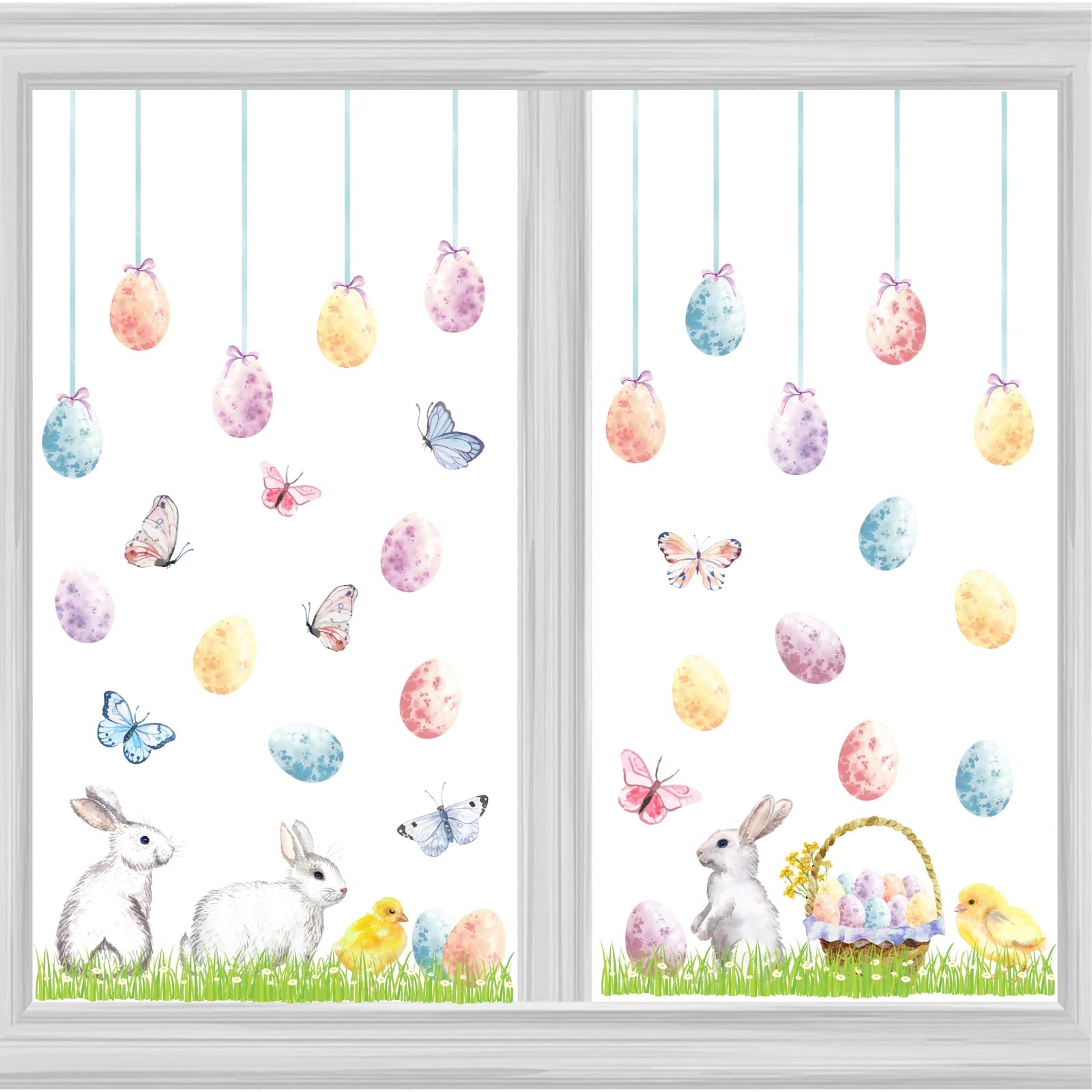 Happy Easter Wall Stickers Easter Egg Wall Decals Easter Bunny Wall Decals Peel and Stick Rabbit Wall Stickers Bunnies Colorful Butterfly Wall Stickers Removable Easter Window Stickers Decorations