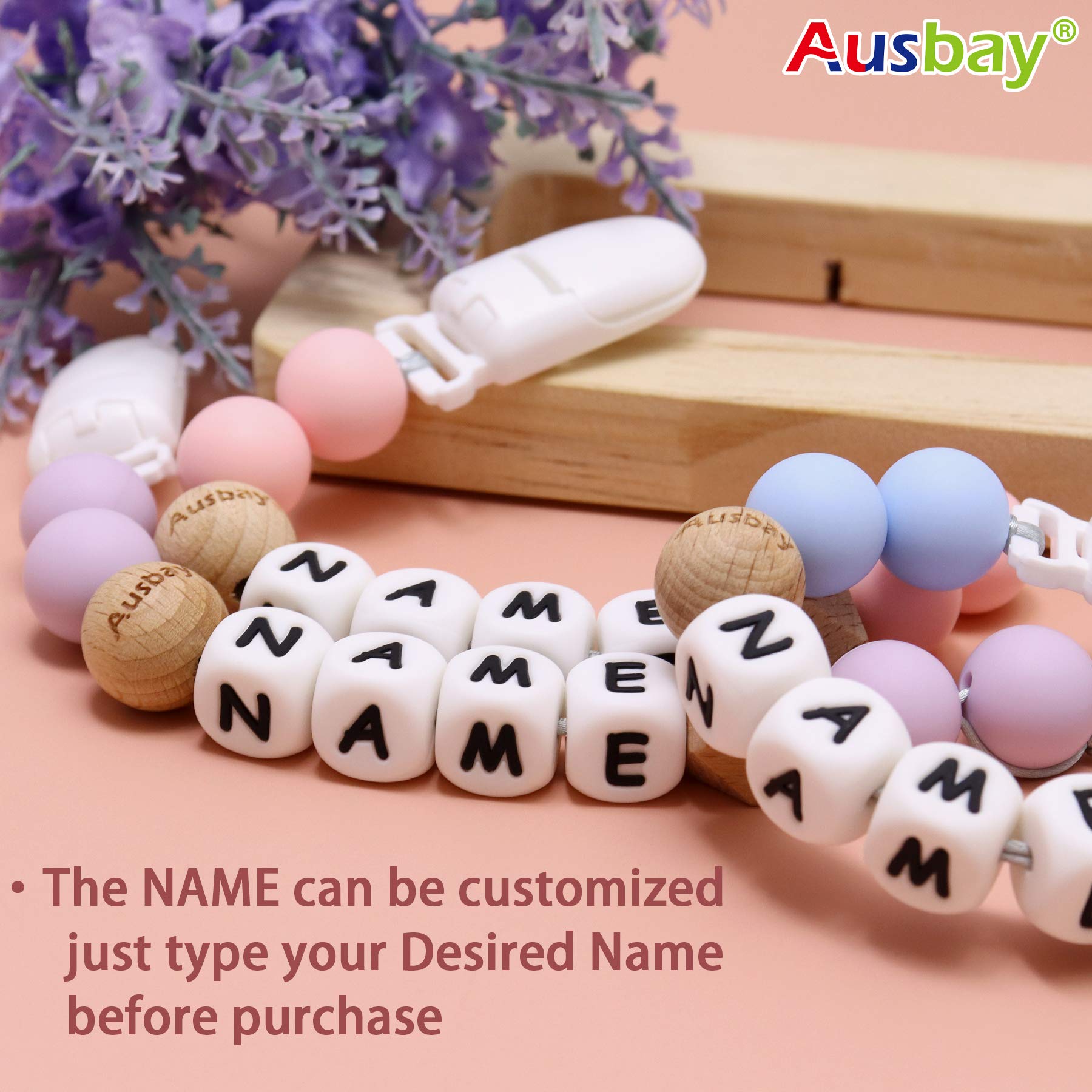 Ausbay Personalized Stroller Clip with Name, Unisex Baby Gifts for Newborn (Light Pink)