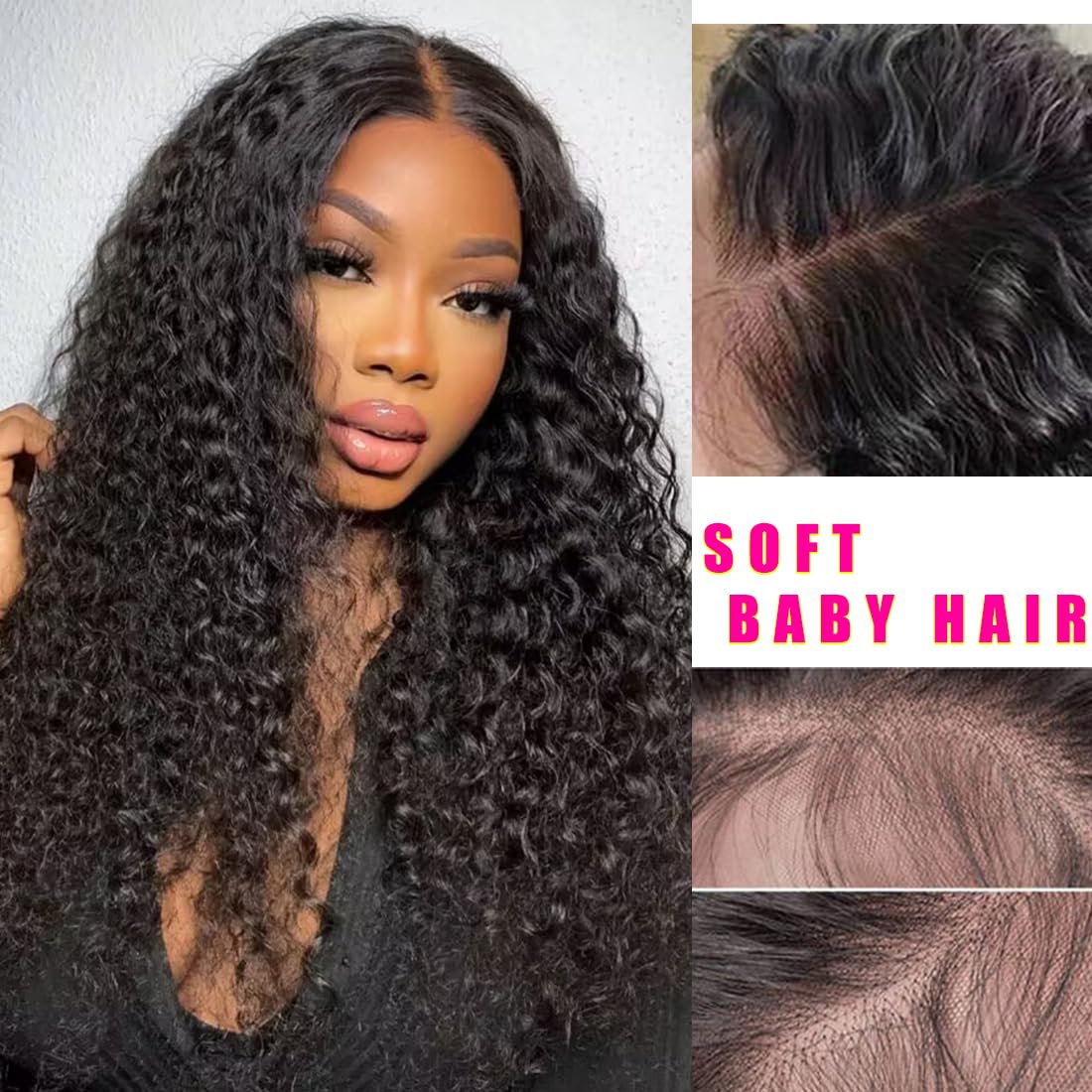 13x4 HD Transparent Lace Front Deep Wave 100% Human Hair Wig Deep Curly Lace Frontal Wigs 180% Density Unprosessed Water Wave Wigs Pre Plucked With Baby Hair Natural Color Hair for Black Women 22inch