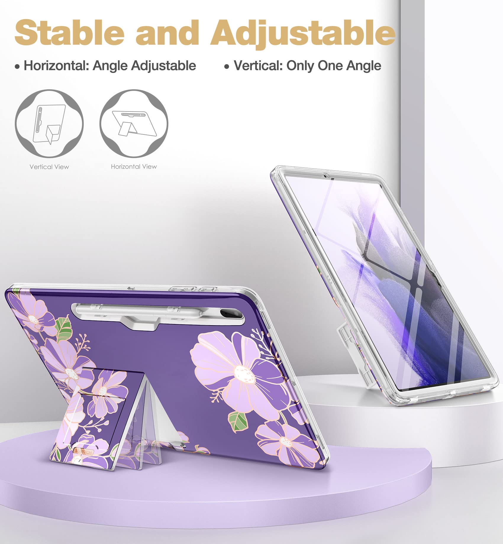 SURITCH for Samsung Galaxy Tab S7 FE Case for Tablet S7+ Plus, S8+ Plus, Built-in Screen Protector & S Pen Holder Full Body Shockproof Protective Cover with Foldable Kickstand, Purple Cosmos