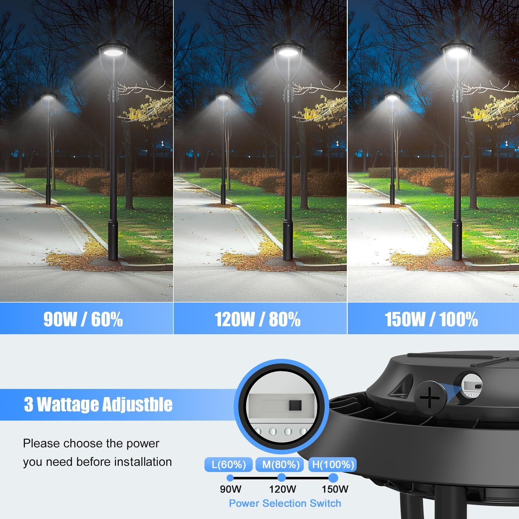 150W LED Post Top Light with Photocell, 150W 120W 90W Adjustable 21000Lm 5000K Outdoor Pole Lights, IP65 Waterproof Post Light Fixtures for Garden Yard Pathway Lighting ETL DLC Listed AC100-277V