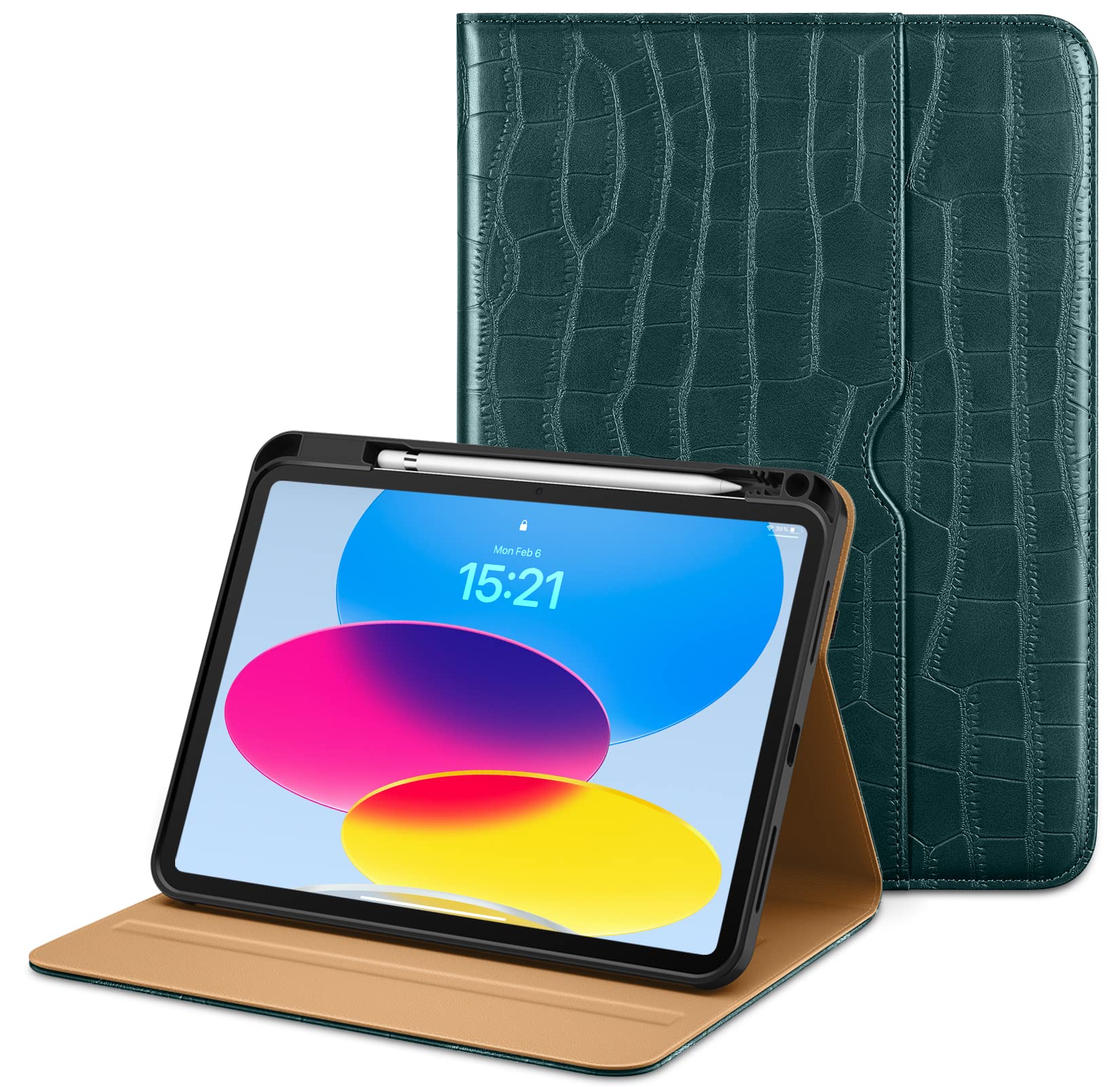 VIKESI Crocodile Case for iPad 10th Generation 2022, iPad 10.9 Inch Leather Smart Folio Cover with Pencil Holder and Hand Strap,Support Auto Sleep/Wake - Forest Green