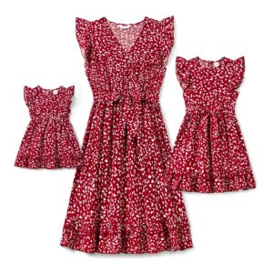 PATPAT Mommy and Me Dresses Floral Printed Bowknot Ruffles Sleeve Dress Mom Daughter Matching Outfits Baby Girls 9-12 Months Vivid Red