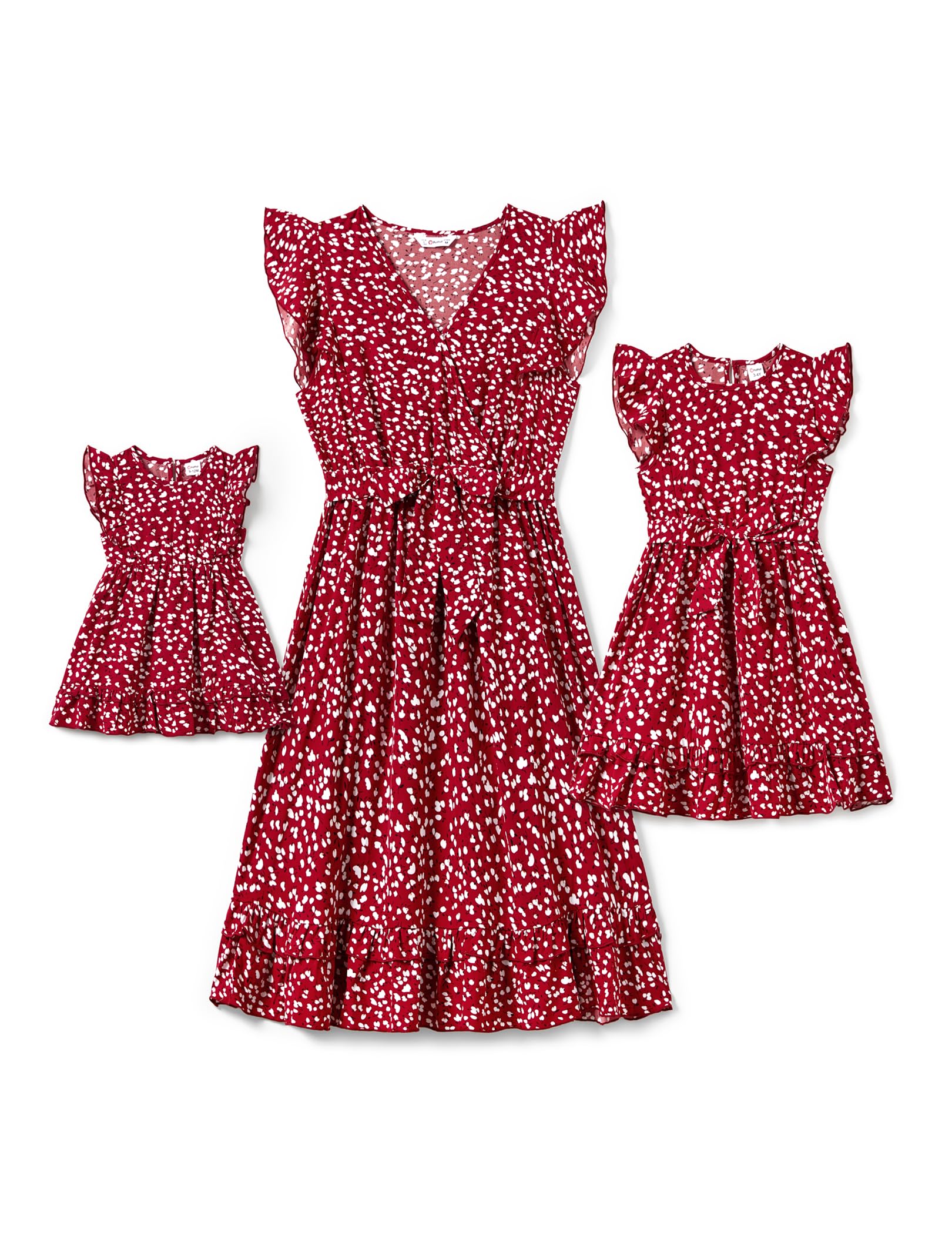 PATPAT Mommy and Me Dresses Floral Printed Bowknot Ruffles Sleeve Dress Mom Daughter Matching Outfits Baby Girls 9-12 Months Vivid Red