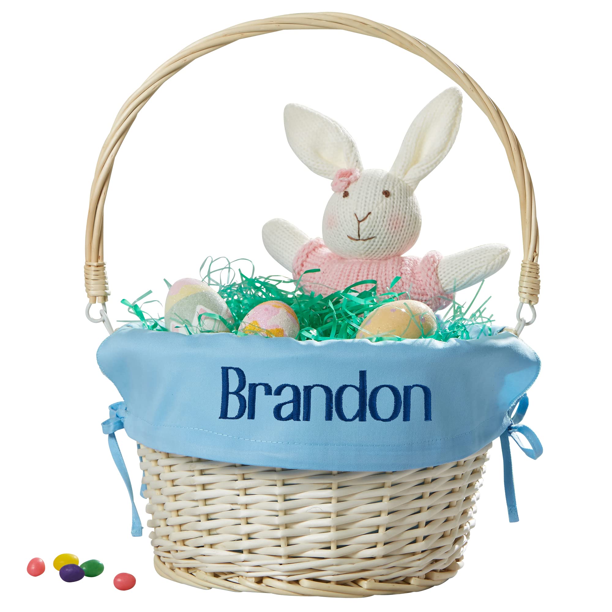 Personalization Universe Personalized Hand-Woven Willow Easter Basket with Folding Handle -First Easter, Egg Hunt, Vintage-Inspired Design, Embroidered with Any Name - Light Blue