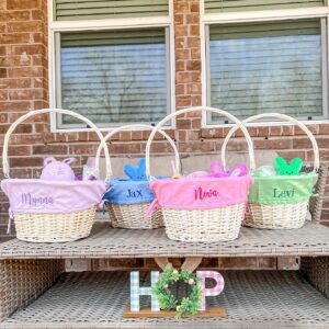 Personalization Universe Personalized Hand-Woven Willow Easter Basket with Folding Handle -First Easter, Egg Hunt, Vintage-Inspired Design, Embroidered with Any Name - Light Blue