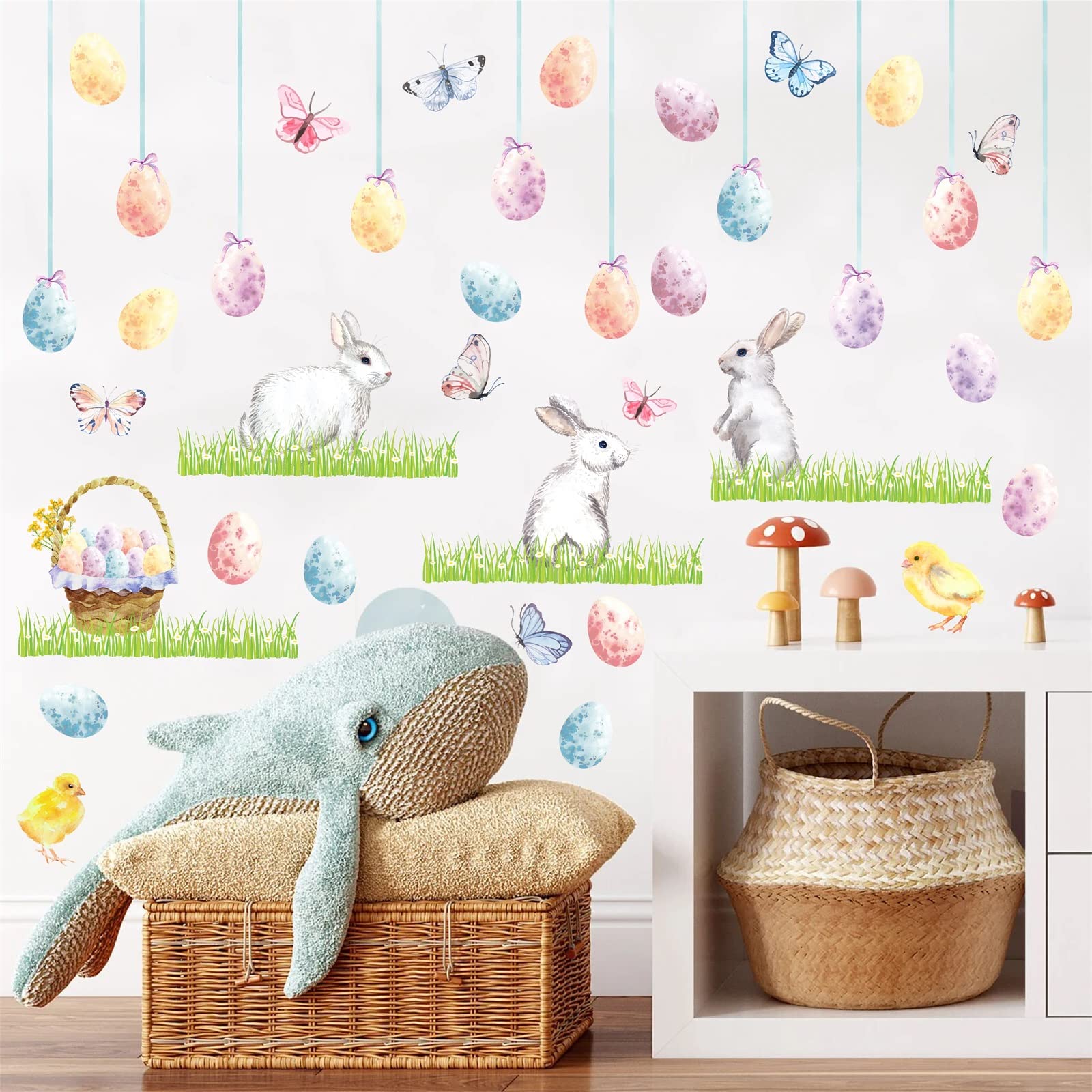 Happy Easter Wall Stickers Easter Egg Wall Decals Easter Bunny Wall Decals Peel and Stick Rabbit Wall Stickers Bunnies Colorful Butterfly Wall Stickers Removable Easter Window Stickers Decorations