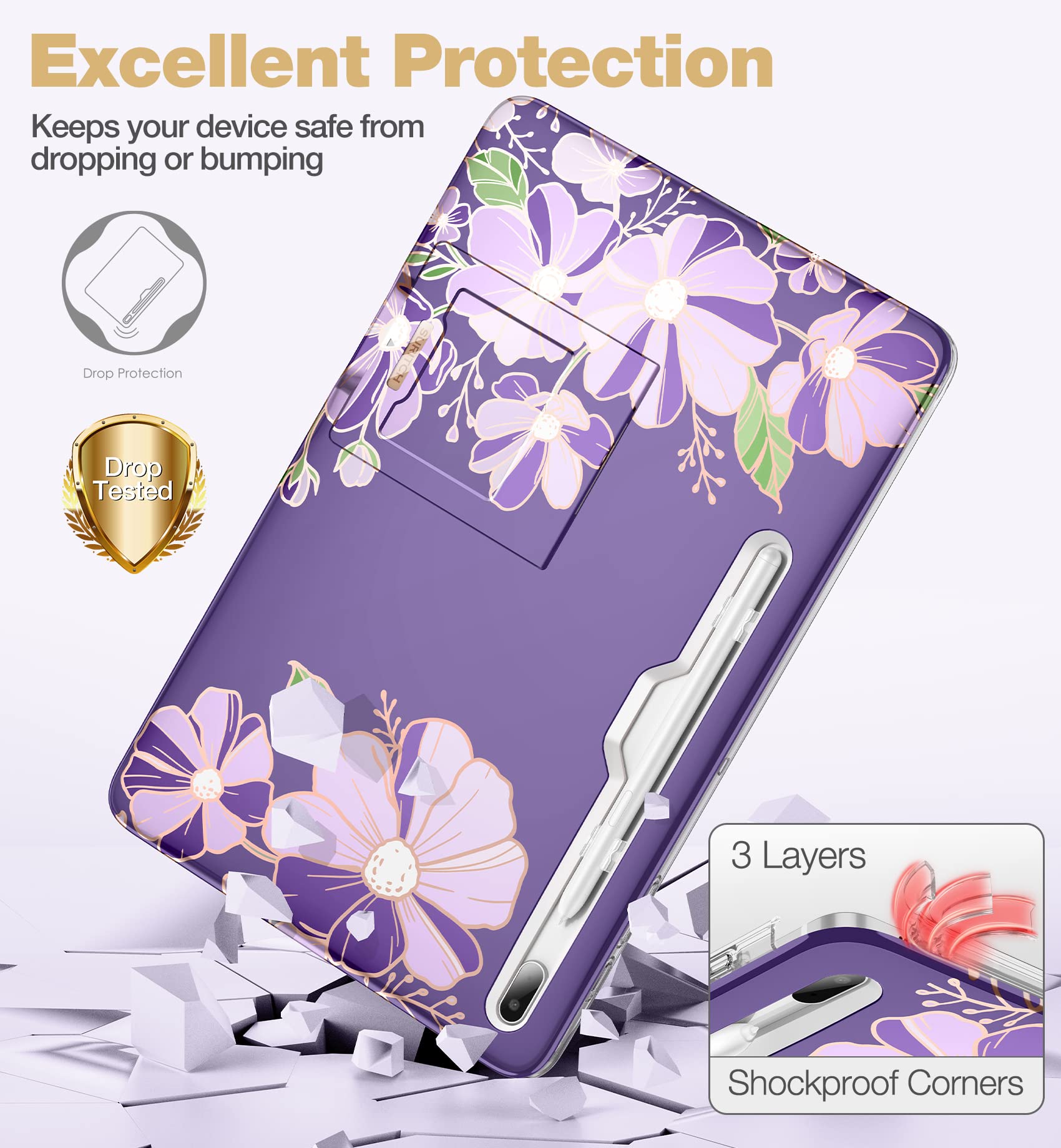 SURITCH for Samsung Galaxy Tab S7 FE Case for Tablet S7+ Plus, S8+ Plus, Built-in Screen Protector & S Pen Holder Full Body Shockproof Protective Cover with Foldable Kickstand, Purple Cosmos