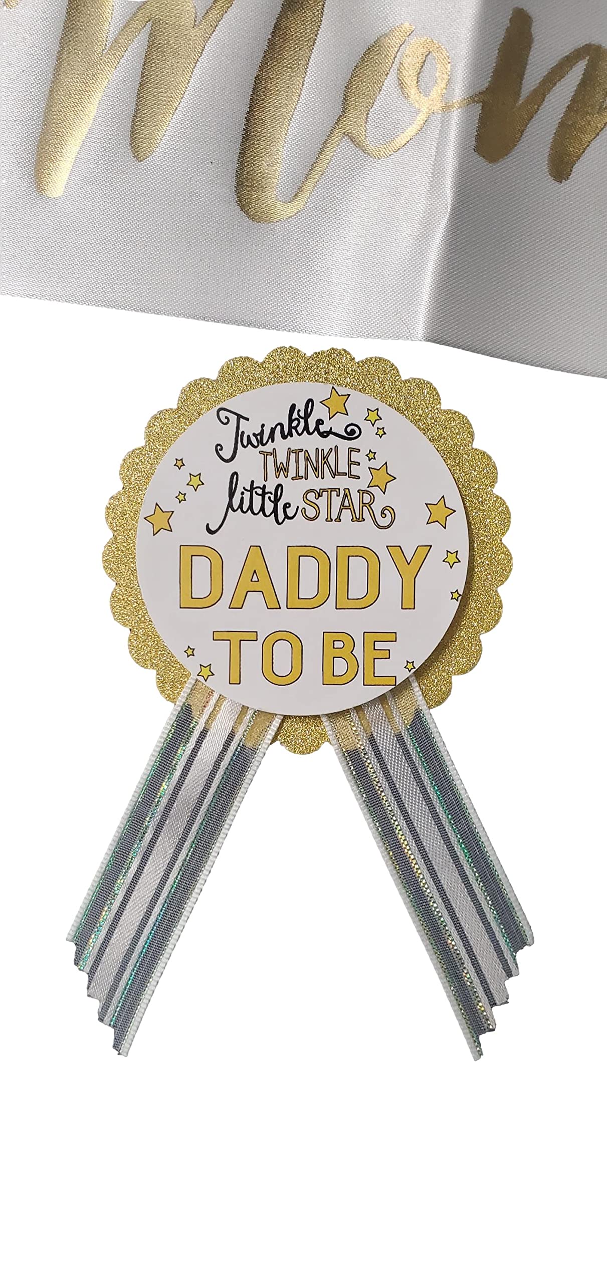 Amy's Bubbling Boutique Twinkle Little Star Baby Shower Mommy Sash & Daddy to Be Pin White & Gold Gift Set