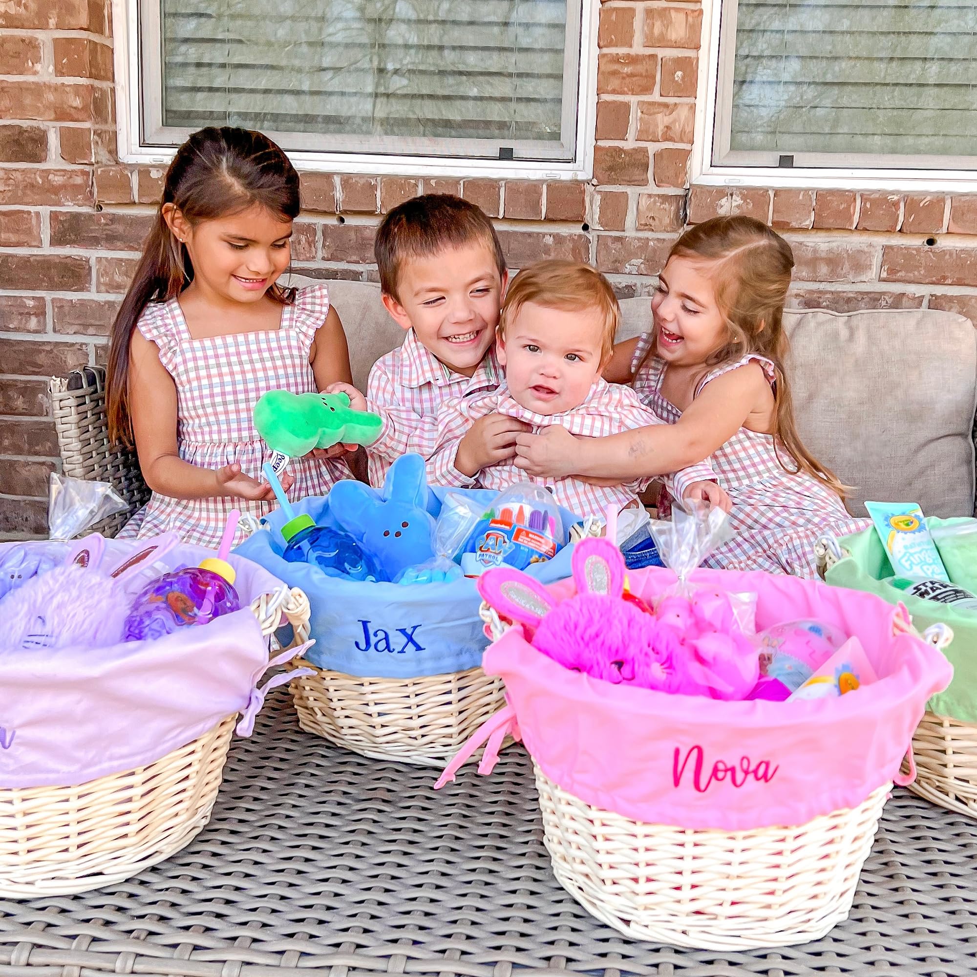 Personalization Universe Personalized Hand-Woven Willow Easter Basket with Folding Handle - First Easter, Egg Hunt, Vintage-Inspired Design, Embroidered with Any Name - Light Pink