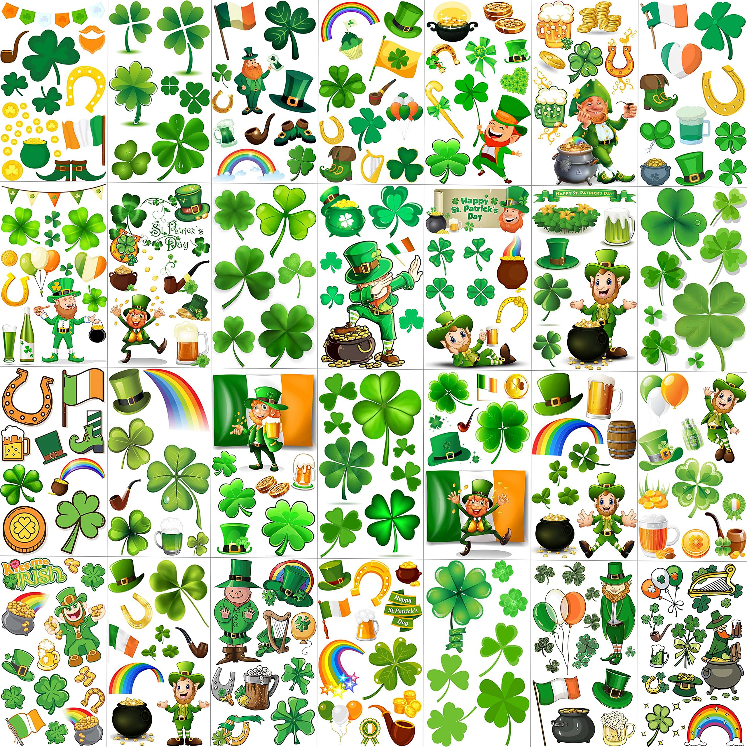 JOEHAPY 229+ PCS St. Patrick's Day Tattoo Stickers For Kids Men Women, Saint St Patricks Day Temporary Tattoos Adult, 28 Sheets Green Shamrock Tattoos Irish Party Favor Supply Lucky Four Leaf Clover