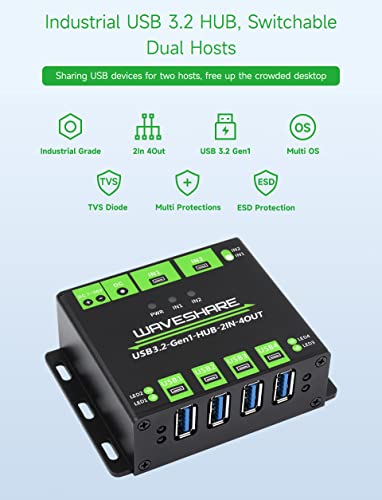 Waveshare Industrial Grade USB HUB, Extending 4X USB 3.2 Ports, Switchable Dual Hosts, Multi Protections