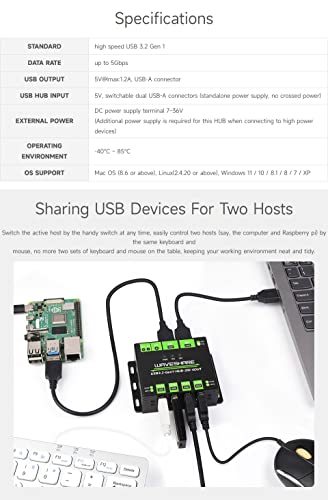 Waveshare Industrial Grade USB HUB, Extending 4X USB 3.2 Ports, Switchable Dual Hosts, Multi Protections