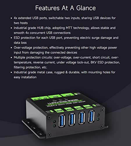 Waveshare Industrial Grade USB HUB, Extending 4X USB 3.2 Ports, Switchable Dual Hosts, Multi Protections