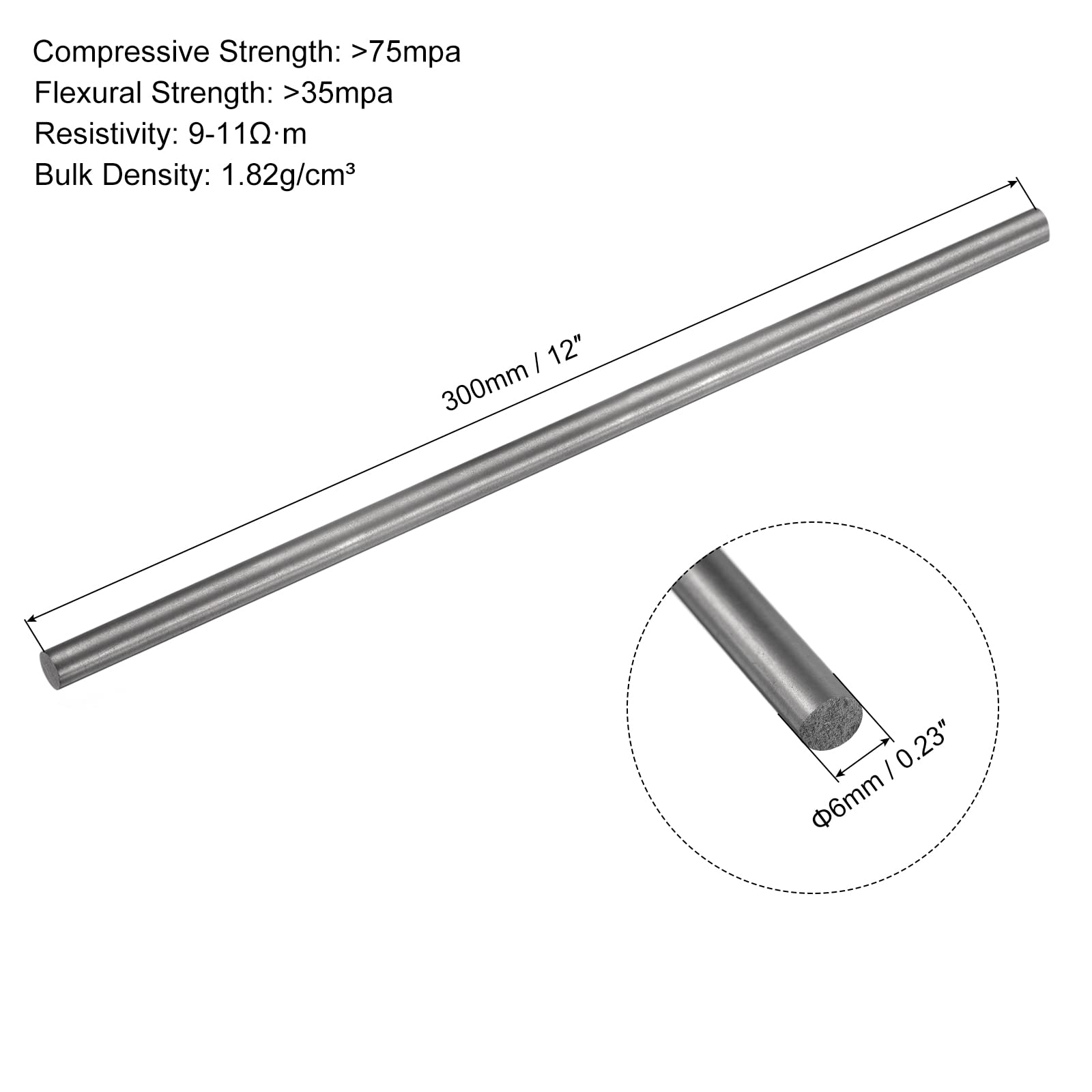 PATIKIL Graphite Rod Graphite Stirring Rod Cylinder Stick Carbon Rod 300x6mm Black for Electrode, Melting Casting, Crucibles