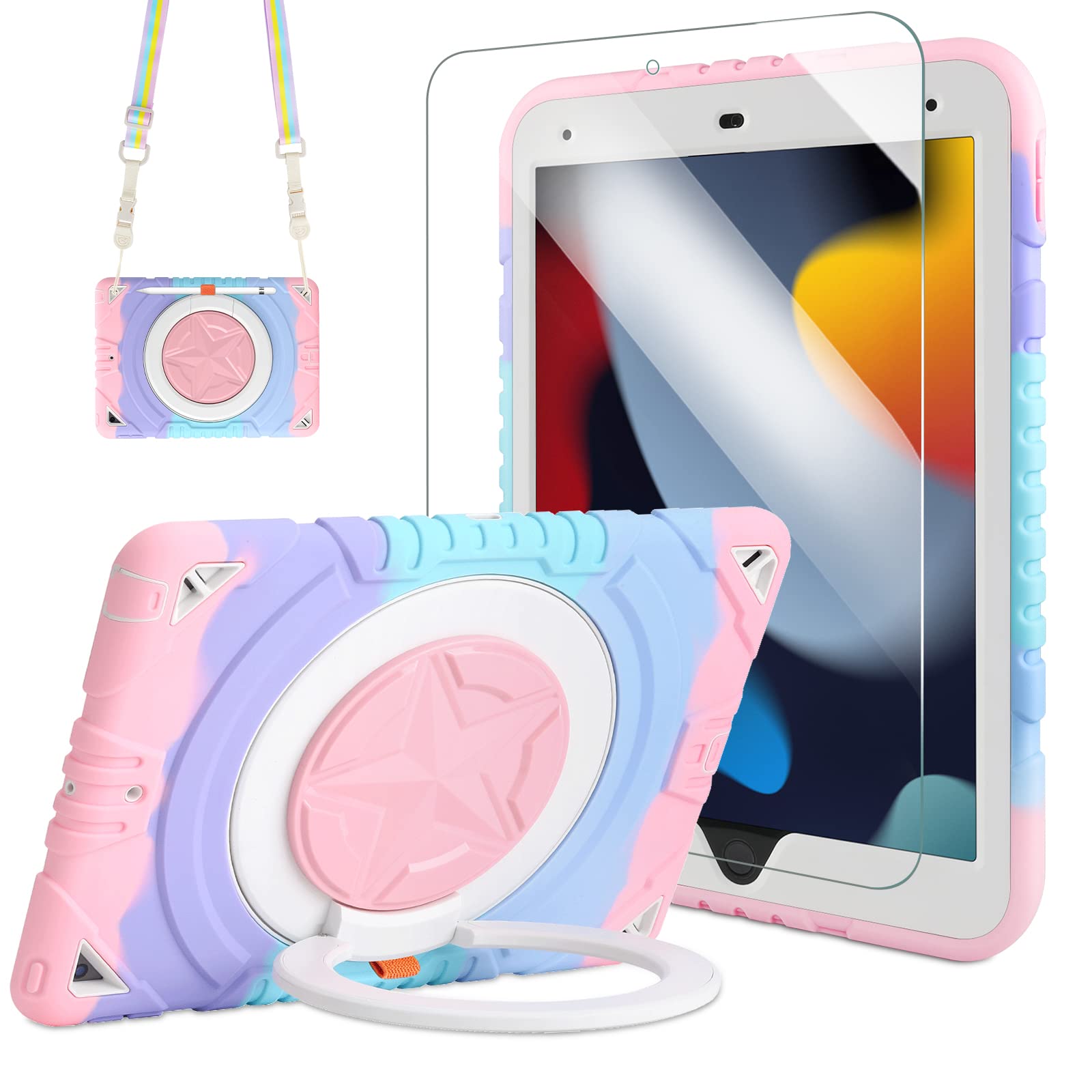 for 9th 8th 7th Generation Case with Screen Protector 360 Rotating Stand/Handle, 10.2 Case with Shoulder Strap Pencil Holder for Kids Hard Stars Cover for 10.2'' (2021/2020/2019)-Pink