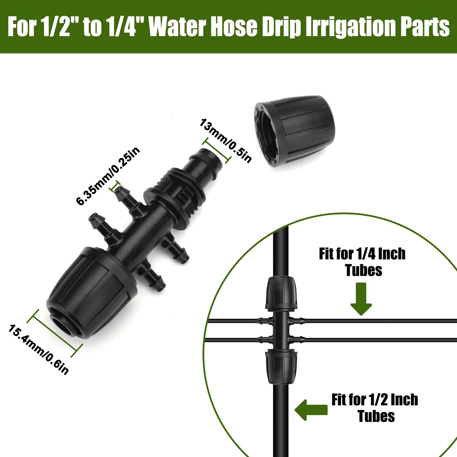 18Pcs Drip Irrigation Fittings Kit for 1/2 Inch Tubing, 2 Elbows, 4 End Caps, 3 Tees, 3 Switch Valves, 3 T Connectors, 3pcs 1/2" to 1/4" Reducers, Barbed Locked Nuts Connectors for Watering System