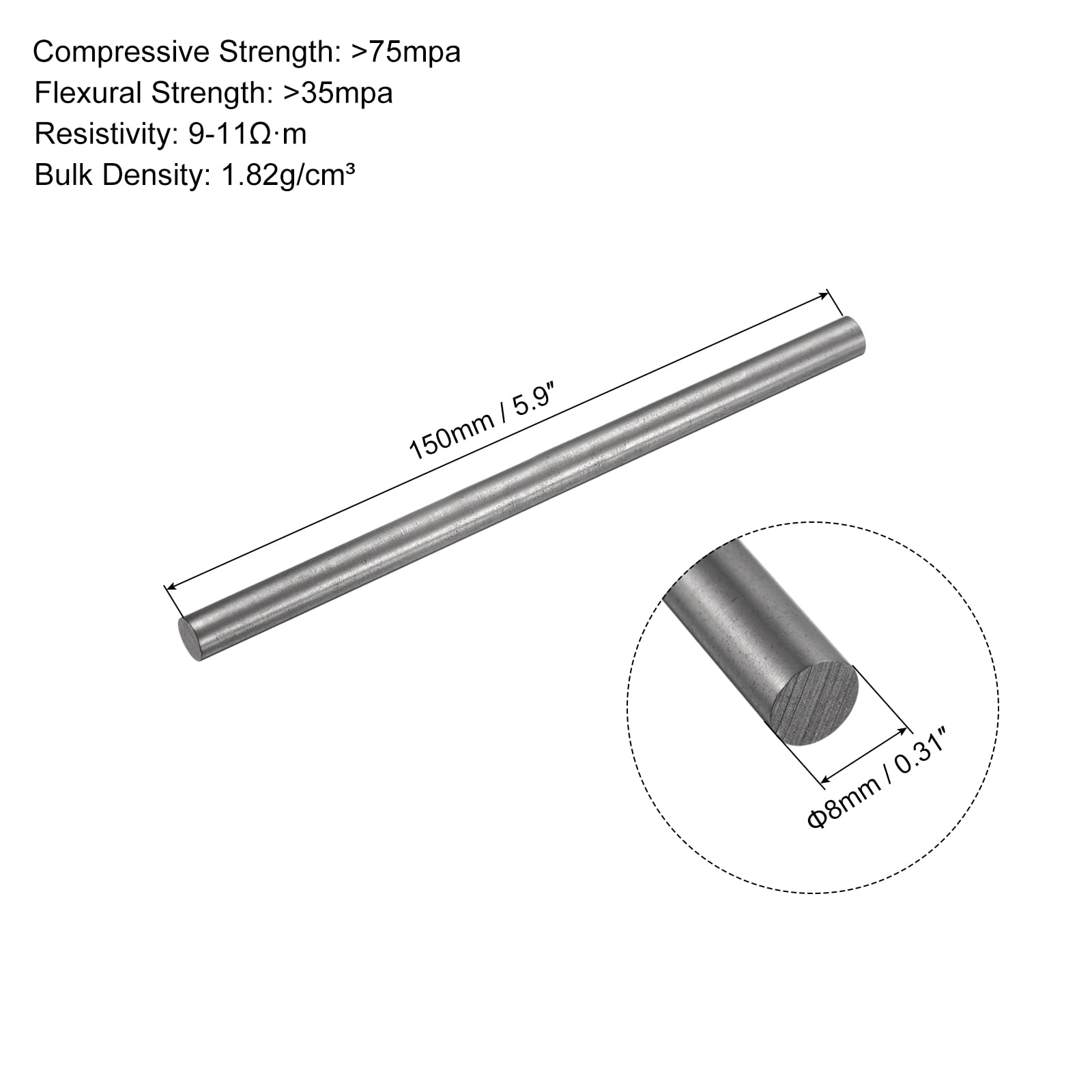 PATIKIL Graphite Rod Graphite Stirring Rod Cylinder Stick Carbon Rod 150x8mm Black for Electrode, Melting Casting, Crucibles, Pack of 2