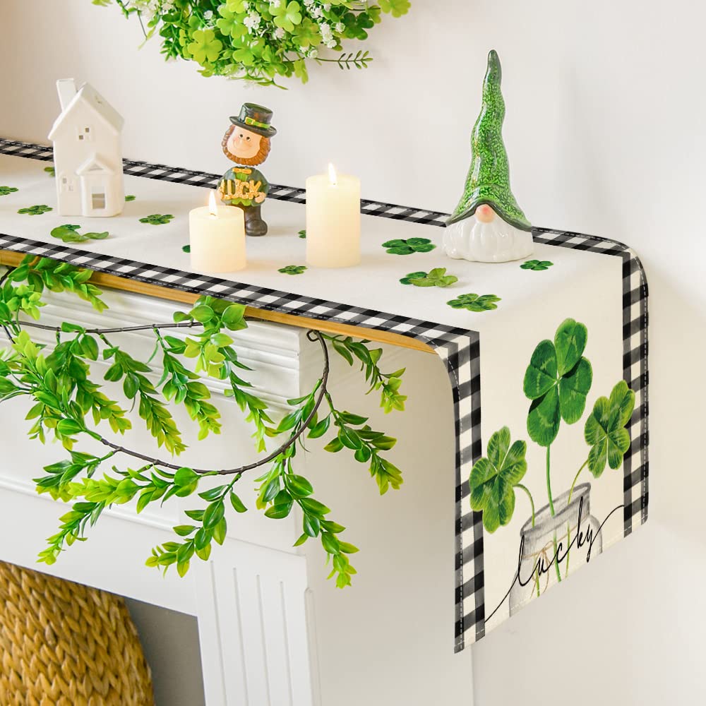 Artoid Mode Lucky Shamrock Vase St. Patrick's Day Table Runner, Seasonal Spring Buffalo Plaid Holiday Kitchen Dining Table Decoration for Indoor Outdoor Home Party Decor 13 x 72 Inch