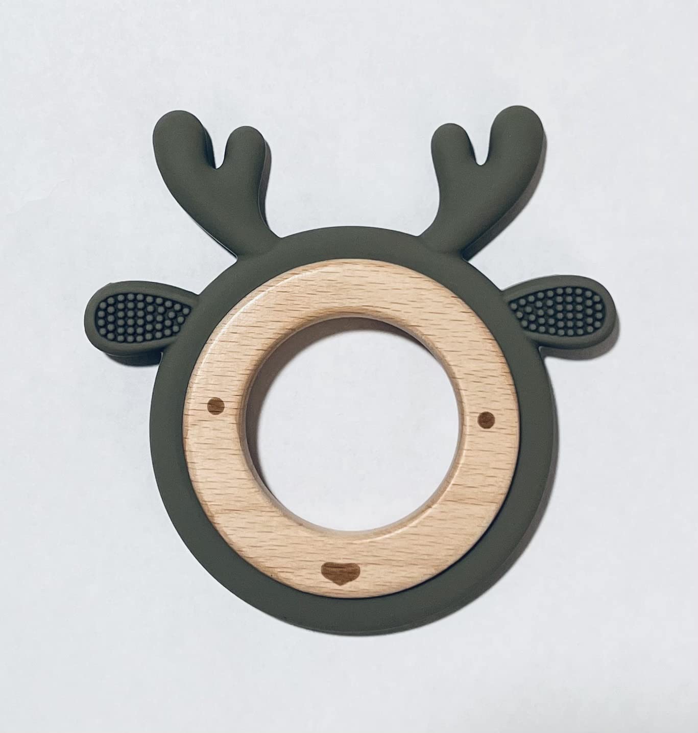 LogiBear Animal Baby Teether Ring for 6+ Months, Non-Toxic BPA Free Food Grade Silicone and Beech Wood, Baby Tested for Easy Grip and Soothing Teething Pain (Deer, Sage)