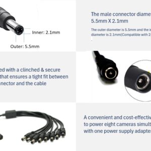 SOLTECH 8 Way DC Power Supply Splitter for Security Cameras 1 Female to 8 Male 5.5 * 2.1mm 8 Channel Y Adaptor for CCTV Surveillance Cameras (1)