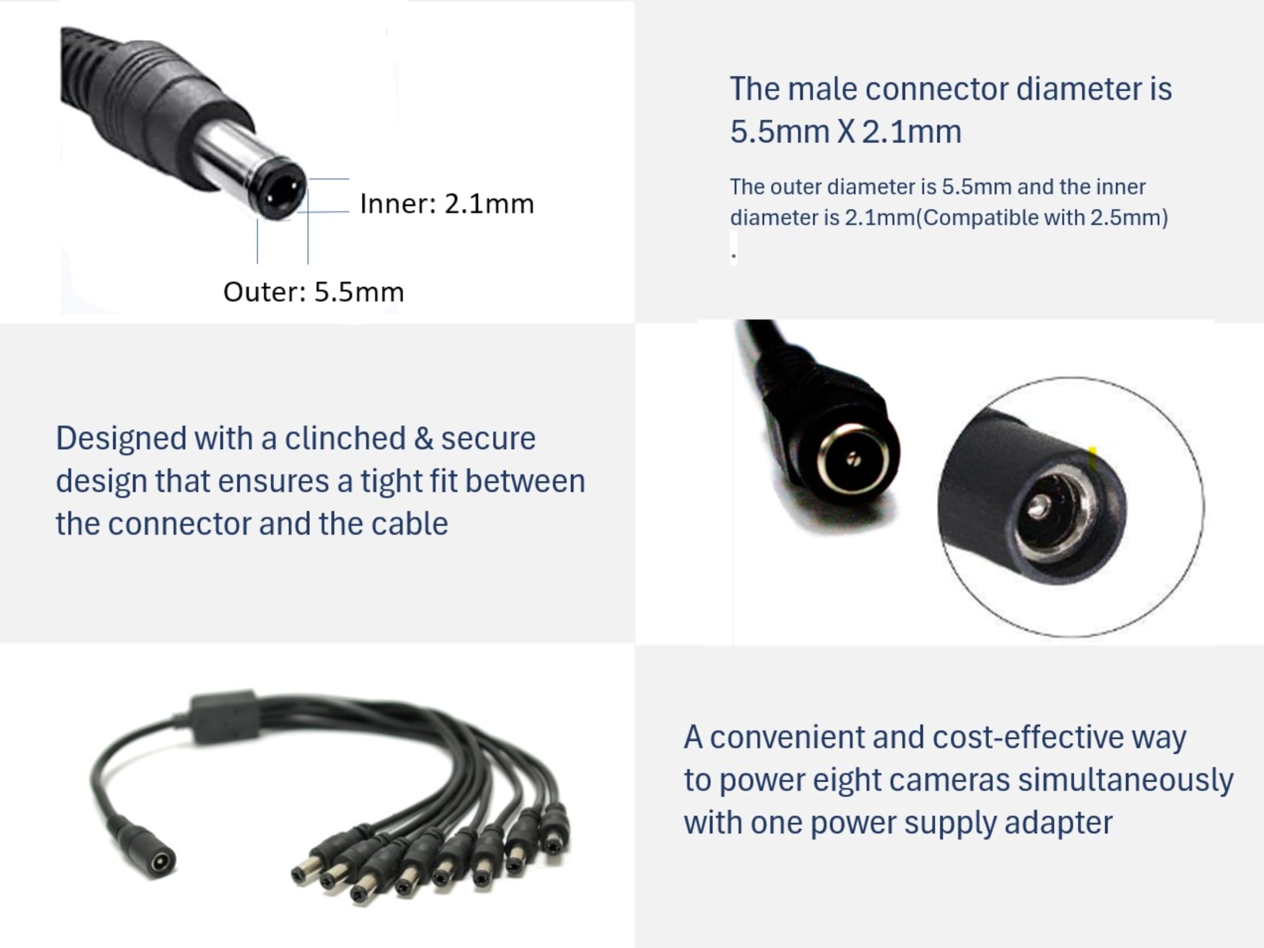 SOLTECH 8 Way DC Power Supply Splitter for Security Cameras 1 Female to 8 Male 5.5 * 2.1mm 8 Channel Y Adaptor for CCTV Surveillance Cameras (1)