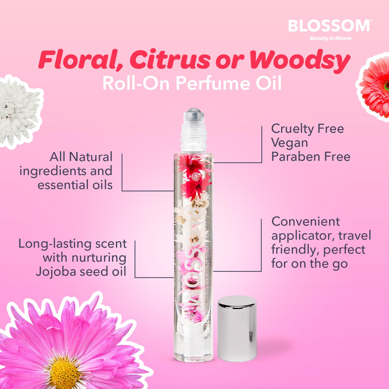 Blossom Roll on Rollerball Perfume Oil, Natural Essential Oils, Infused with Real Flowers, Made in USA, 0.20 fl. oz./5.9 ml (Rose, Violet, Lily, Magnolia, Amber, Cedarwood) Let Love Shine Rainbow Rose