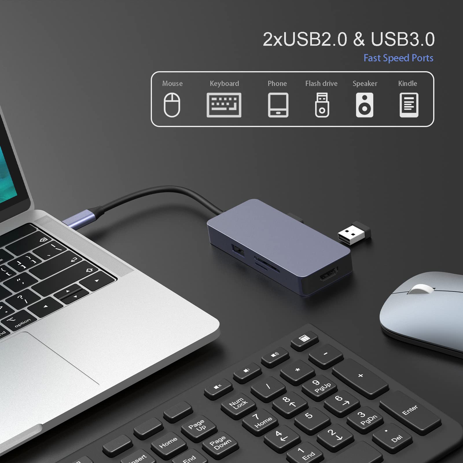 HOPDAY USB C Hub, 6 in 1 USB Mini Docks with 4K-HDMI, SD/TF, USB 3.0/2.0 to HDMI Adapter, 6-Port USB Docking Station for MacBook Air/Pro, Lenovo Laptop, Surface Pro