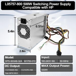 LXun Upgraded L05757-800 901759-013 500W Switching PSU Power Supply Compatible with HP EliteDesk Z2 G4 800 880 600 G3 G5, Model L05757-800 DPS-500AB-32 A,795-0003UR Desktop Power Supply New